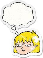 dessin animé femme en colère et bulle de pensée comme un autocollant usé en détresse vecteur