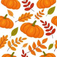 modèle sans couture de dessin animé avec des citrouilles orange et des feuilles qui tombent. illustration vectorielle pour la conception de l'automne, jour de thanksgiving. vecteur