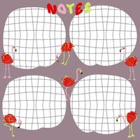 liste de notes de modèle de doodle avec grille déformée et flamant rose aux fraises. vecteur