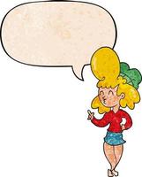 femme de bande dessinée et gros cheveux et bulle de dialogue dans un style de texture rétro vecteur