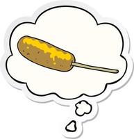 hot-dog de dessin animé sur un bâton et une bulle de pensée comme autocollant imprimé vecteur