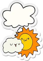 dessin animé soleil et nuage et bulle de pensée sous forme d'autocollant imprimé vecteur