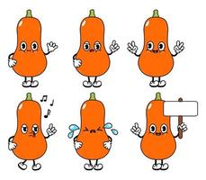 ensemble de personnages de citrouilles drôles et mignons. dessin animé traditionnel de style doodle dessiné à la main de vecteur vintage, conception d'icône d'illustration de personnage rétro. fond blanc isolé. illustration de citrouille