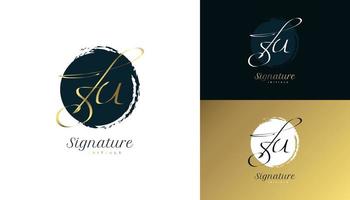 ju conception initiale du logo de signature avec un style d'écriture doré élégant et minimaliste. création initiale du logo j et u pour le mariage, la mode, les bijoux, la boutique et l'identité de la marque d'entreprise vecteur