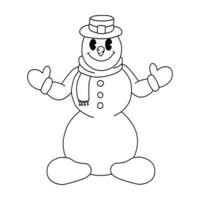 image monochrome, bonhomme de neige drôle de dessin animé dans un chapeau et une écharpe sur un fond blanc. illustration vectorielle vecteur