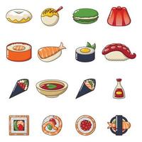 jeu d'icônes de cuisine japonaise, style dessin animé vecteur