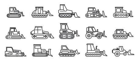 jeu d'icônes de bulldozer de construction, style de contour vecteur