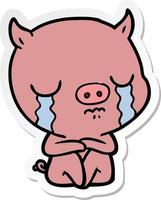 autocollant d'un dessin animé cochon assis pleurant vecteur