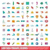 Ensemble de 100 icônes de voyage en mer, style cartoon vecteur