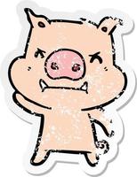 autocollant en détresse d'un cochon de dessin animé en colère vecteur