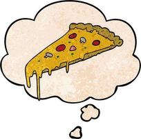 tranche de pizza de dessin animé et bulle de pensée dans le style de motif de texture grunge vecteur