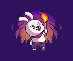 illustration de dessin animé d'un lapin au milieu de la forêt avec une torche. vecteur