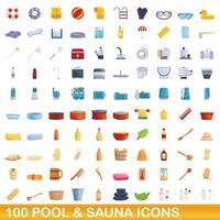 Ensemble de 100 icônes de piscine et sauna, style cartoon vecteur