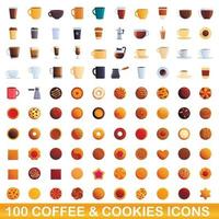 Ensemble de 100 icônes café et biscuits, style dessin animé vecteur