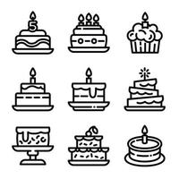 jeu d'icônes d'anniversaire de gâteau, style de contour vecteur
