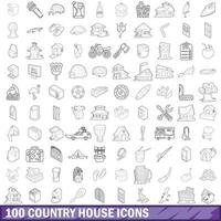 Ensemble de 100 icônes de maison de campagne, style de contour vecteur