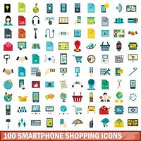 100 icônes shopping smartphone, style plat vecteur