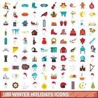 Ensemble de 100 icônes de vacances d'hiver, style plat vecteur