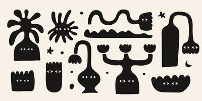 ensemble abstrait avec divers vases et fleurs étranges noirs. personnages fictifs dessinés à la main à la mode isolés sur fond clair. vecteur
