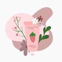 crème de fraise aux plantes et fleurs vecteur