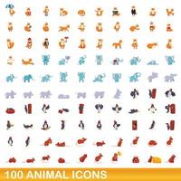 Ensemble de 100 icônes d'animaux, style dessin animé vecteur