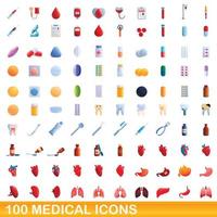 Ensemble de 100 icônes médicales, style cartoon vecteur