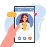 une nutritionniste féminine sur l'écran du smartphone. Cours en ligne. nutrition et thérapie diététique, consultation médicale en ligne. vecteur