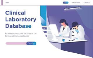 concept de base de données de laboratoire clinique avec des personnes faisant des recherches et des études. illustration vectorielle de modèle de page moderne d'atterrissage. - vecteur