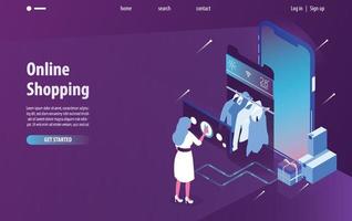 achats en ligne isométriques, magasin mobile et commerce électronique sur téléphone intelligent avec fond violet et bleu. concept de conception web de page de destination moderne vecteur