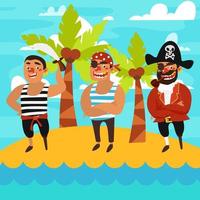 île avec palmiers, trésor et pirates. capitaine des pirates. illustration vectorielle.