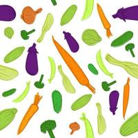 croquis dessinés à la main légumes aliments sains. aubergine, carotte, courgette, concombre, brocoli modèle sans couture avec fond blanc