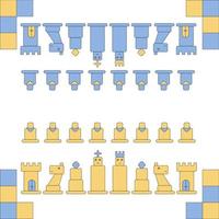 ensemble de pièces d'échecs, les pièces sont stylisées à partir de rectangles arrondis. roi, reine, évêque, chevalier, tour, pion isolé illustration vectorielle bleu jaune vecteur