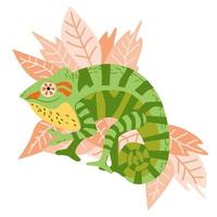 caméléon panthère mignon dessiné à la main, mascotte exotique montre signe de paix et sourires, caractère positif brillant sur fond de feuillage tropical, avatar, logo, illustration de conception pour enfants vecteur