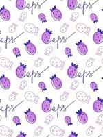 doodle motif violet sans couture avec des taches de fraise et un lettrage de contour oops. fraise stylisée pour le textile, la couverture, l'arrière-plan, l'illustration vectorielle du menu vecteur