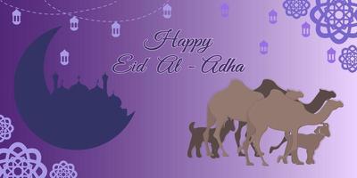 joyeuse bannière eid al adha avec silhouette de mosquée, de chameaux et de chèvres. peut être utilisé pour l'affiche, l'arrière-plan et le papier peint. vecteur
