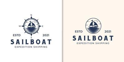 logo de silhouette de yacht à voile simple avec vecteur de conception de navigateur de boussole pour la navigation commerciale, la pêche, le pêcheur