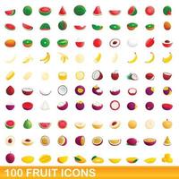 Ensemble de 100 icônes de fruits, style dessin animé vecteur