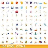 Ensemble de 100 icônes de piscine, style cartoon vecteur