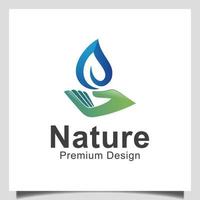 soin des feuilles à la main avec une goutte d'eau douce pour la création de logo naturel de printemps biologique vecteur