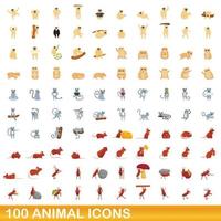 Ensemble de 100 icônes d'animaux, style dessin animé vecteur