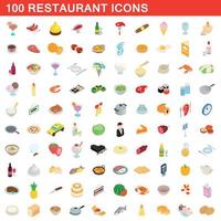 Ensemble de 100 icônes de restaurant, style 3d isométrique vecteur