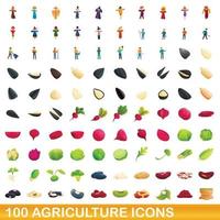 Ensemble de 100 icônes agricoles, style dessin animé vecteur