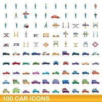 Ensemble de 100 icônes de voiture, style cartoon vecteur