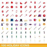 Ensemble de 100 icônes de vacances, style cartoon vecteur