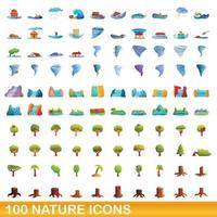 Ensemble de 100 icônes nature, style dessin animé vecteur