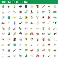 Ensemble de 100 icônes d'insectes, style dessin animé vecteur