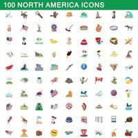 Ensemble de 100 icônes d'Amérique du Nord, style cartoon vecteur