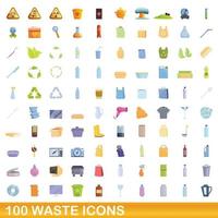 Ensemble de 100 icônes de déchets, style cartoon vecteur