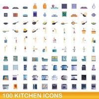 Ensemble de 100 icônes de cuisine, style dessin animé vecteur