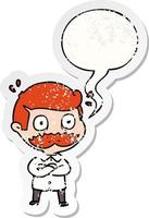 dessin animé homme et moustache choqué et bulle de dialogue autocollant en détresse vecteur